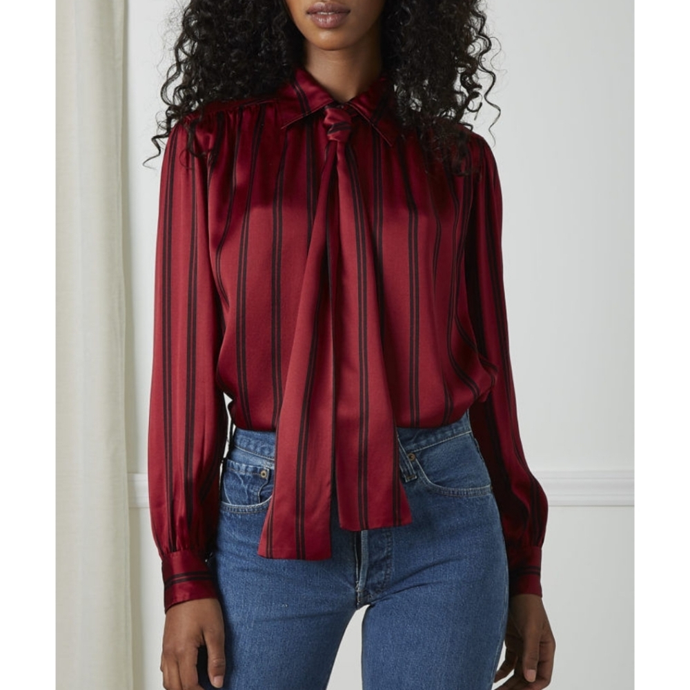 YVES SAINT LAURENT RIVE GAUCHE Striped Long Sleeve Button-Up Top